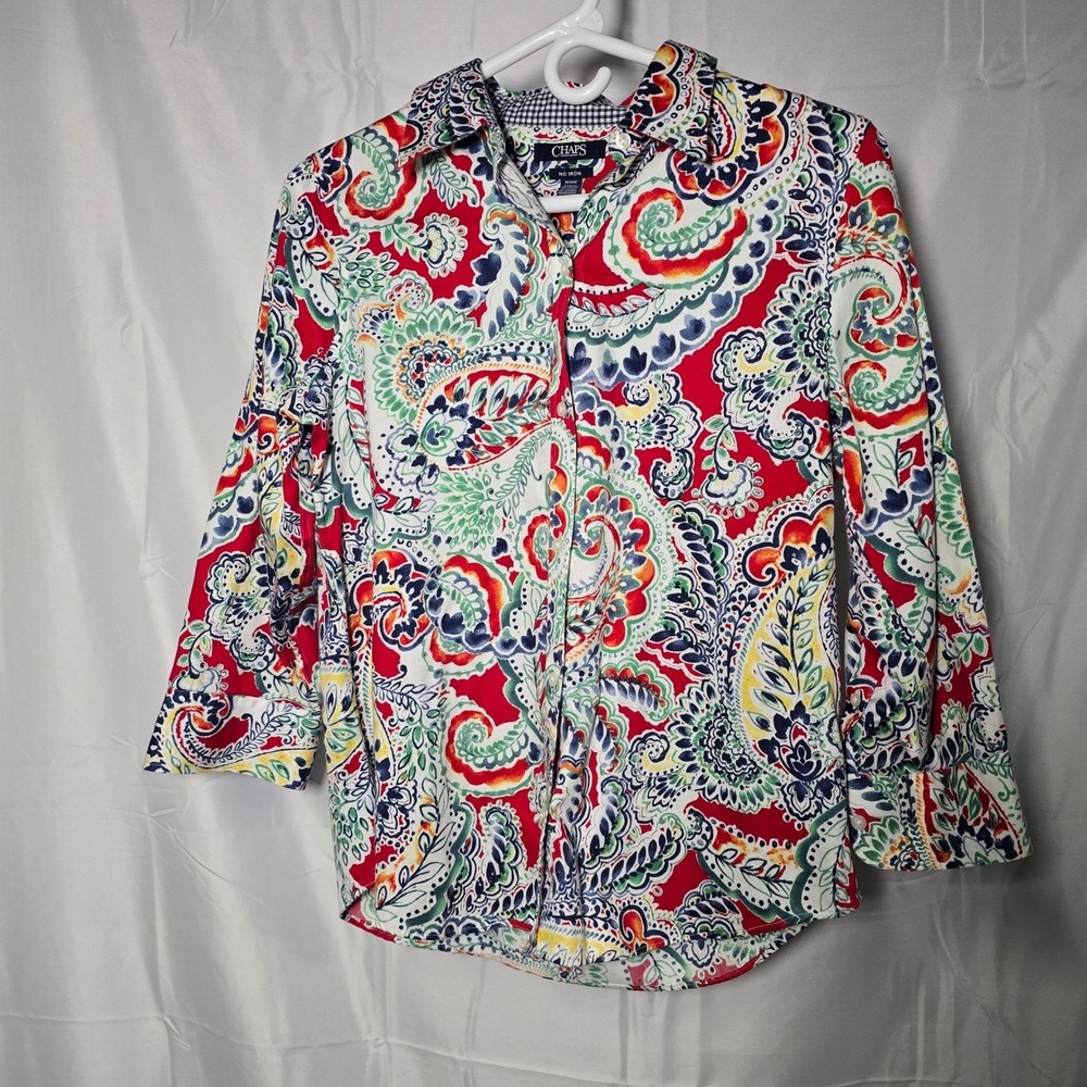 Chaps Womens Paisley Button Down Shirt 3/4 Sleeve Size M boho indie summer